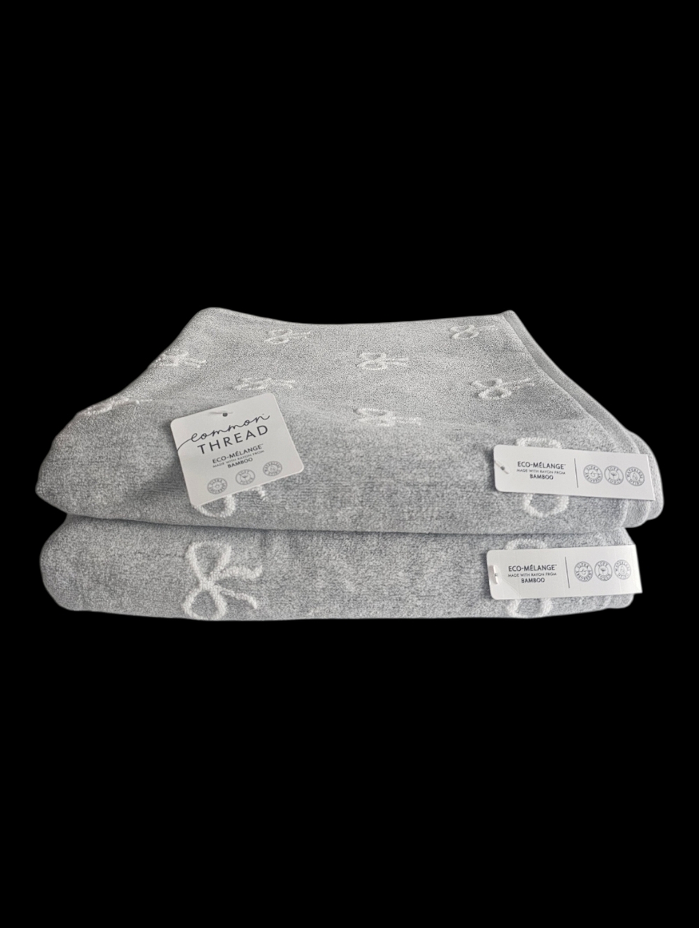 2Pc Common Thread Light Gray & White Coquette Bow Bath Towels New